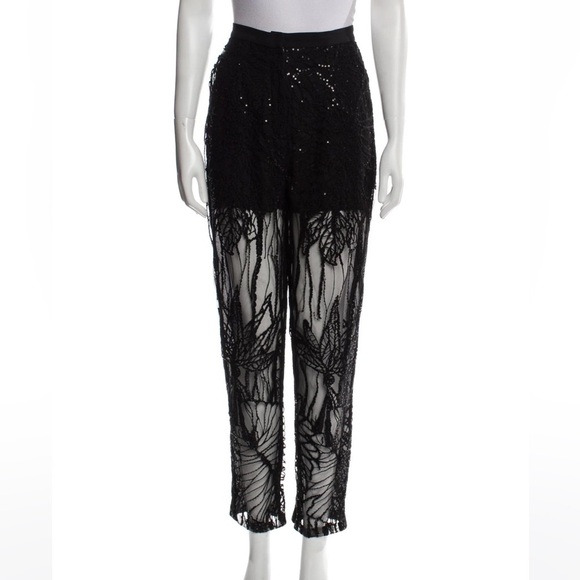 Elie Saab Pants - Elie Saab Black Sequin Embroidered Tulle Straight Fit Trousers Sz M | US8, FR40